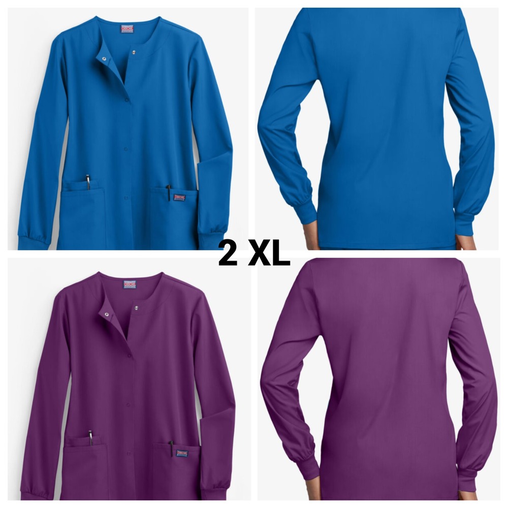 Cherokee Workwear Women's Snap Front Warm-Up Scrub Jacket 4350 2XL Blue/Eggplant